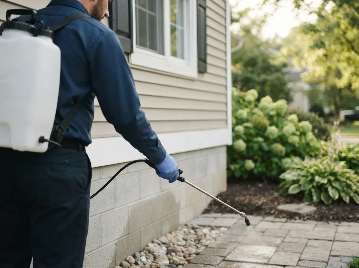 Pest control technician inspecting a home in Devens, MA